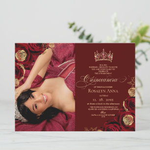 Invitation Burgundy Gold Roses Princess Quinceañera