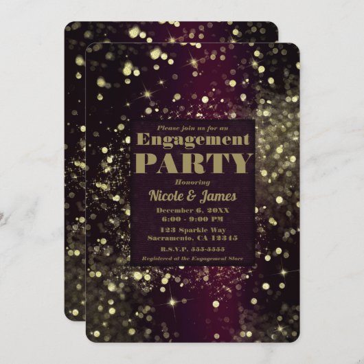 Invitation Burgundy Gold Sparkling Lights Glam Engagement (Devant / Derrière)