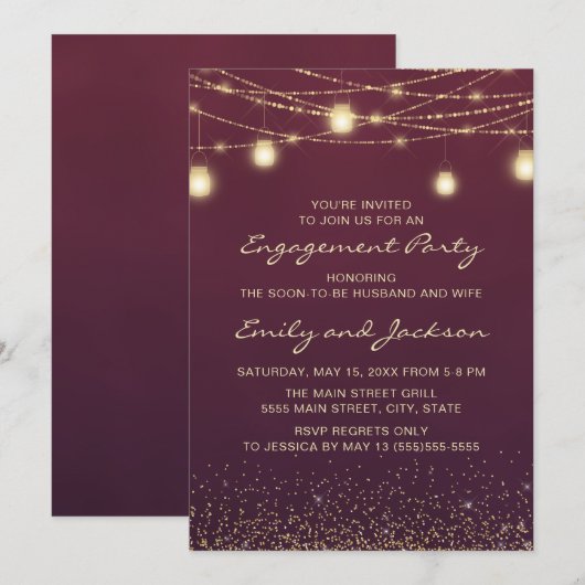 Invitation Burgundy Gold String Lights (Devant / Derrière)