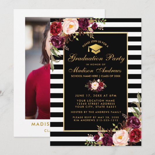 Invitation Burgundy Gold Striped Graduped Party Photo Retour (Devant / Derrière)