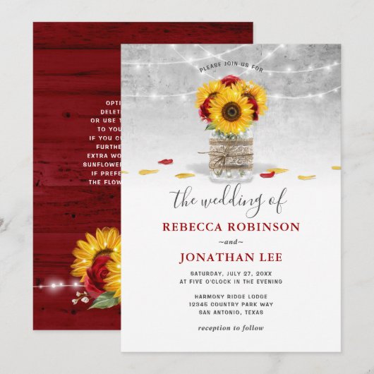 Invitation Burgundy Gris Rouge Rose Tournesol Russe Mariage (Devant / Derrière)