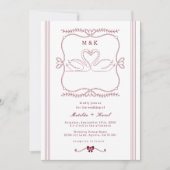 Invitation Burgundy Hand Drawn Swan Stripes Monogram Wedding (Devant)