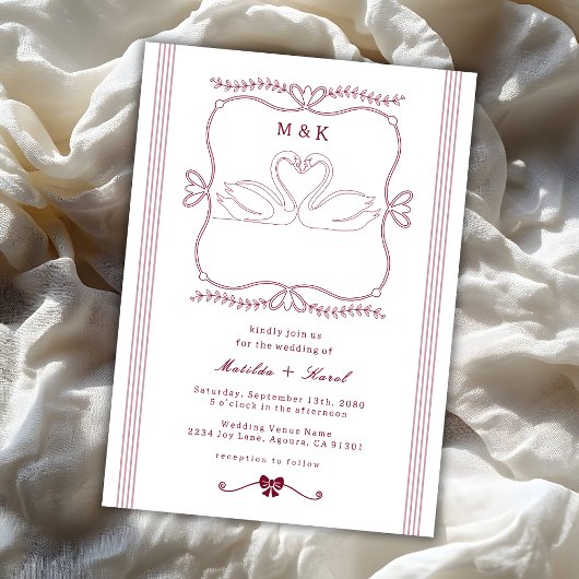 Invitation Burgundy Hand Drawn Swan Stripes Monogram Wedding