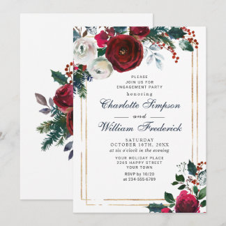 Invitation Burgundy Hiver Roses Foliage ENGAGEMENT