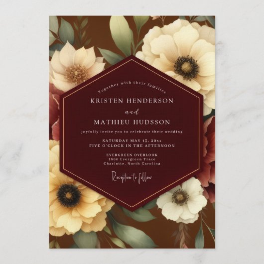 Invitation Burgundy Ivory Bloom Wedding (Devant)