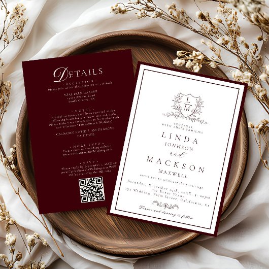 Invitation Burgundy & Ivory botanical crest All in onewedding