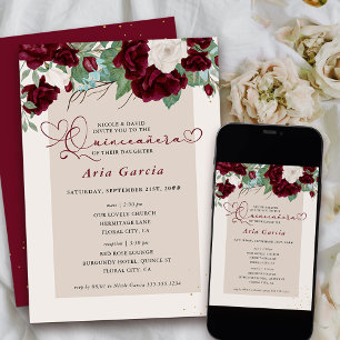 Invitation Burgundy Ivory Floral Roses Quinceanera et Messe