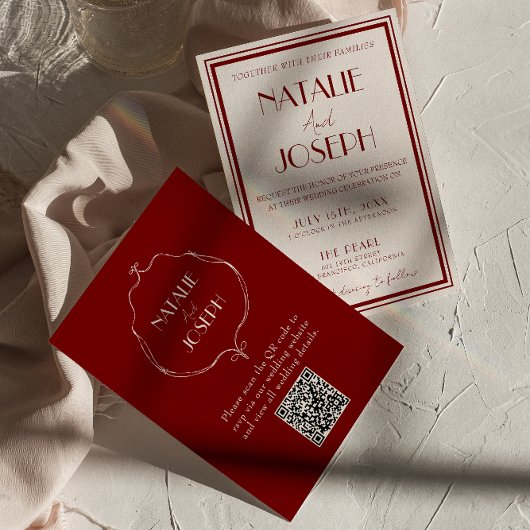Invitation Burgundy Ivory Old Money Retro QR Code Wedding