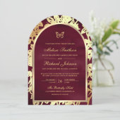 Invitation Burgundy Line Art Gold Arch Mariage papillon (Debout devant)
