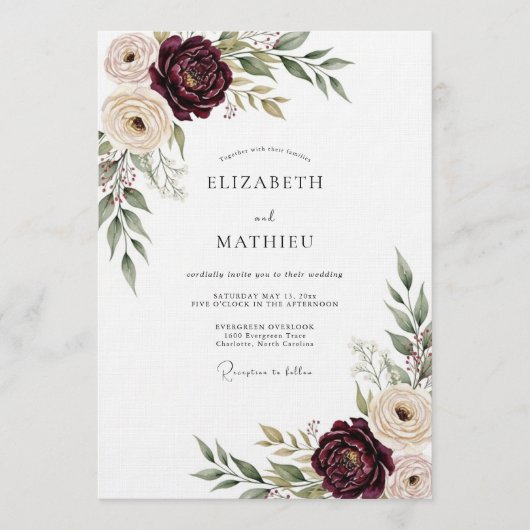 Invitation Burgundy Lush Bloom Wedding (Devant)