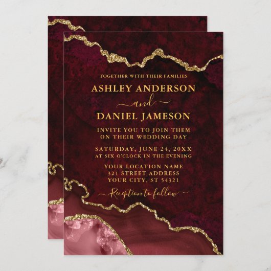 Invitation Burgundy Marble Agate Géode Mariage Or (Devant / Derrière)