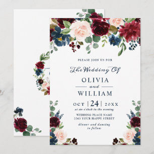 Invitation Burgundy Marine Bleu Aquarelle Bleu Mariage Floral