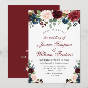 Invitation Burgundy Marine Bleu Aquarelle Bleu Mariage Floral