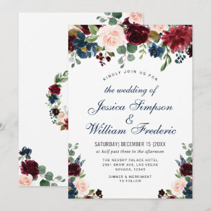 Invitation Burgundy Marine Bleu Aquarelle Bleu Mariage Floral