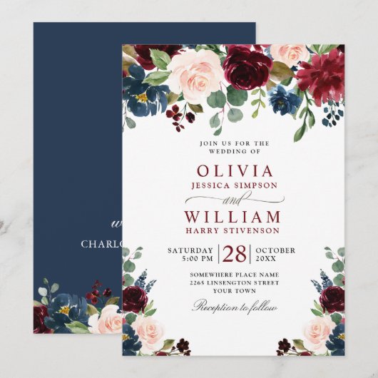 Invitation Burgundy Marine Bleu Aquarelle Bleu Mariage Floral (Devant / Derrière)