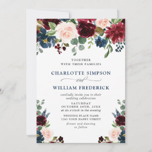 Invitation Burgundy Marine Bleu Aquarelle Bleu Mariage Floral
