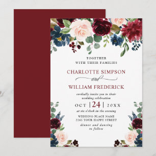 Invitation Burgundy Marine Bleu Aquarelle Bleu Mariage Floral