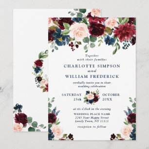 Invitation Burgundy Marine Bleu Aquarelle Bleu Mariage Floral
