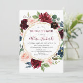 Invitation Burgundy marine bleu fleurie wreath douche nuptial (Debout devant)