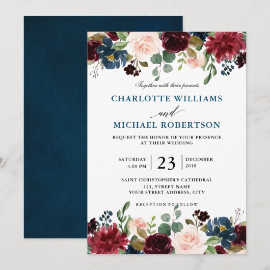 Invitation Burgundy Marine Rouge Bleu Floral Russe Boho (Devant / Derrière)