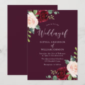 Invitation Burgundy Maroon Blush Aquarelle Mariage Floral (Devant / Derrière)