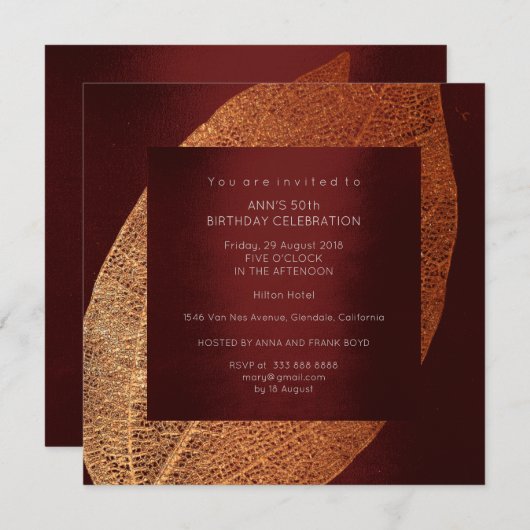 Invitation Burgundy Maroon Leaf Gold Birday Party (Devant / Derrière)