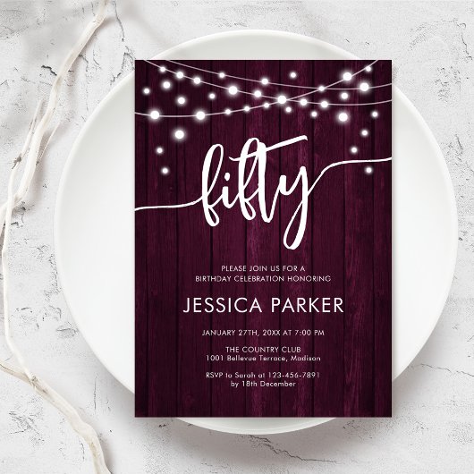 Invitation Burgundy Maroon Rustic Wood 50e anniversaire fête