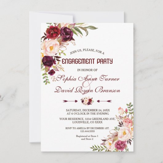 Invitation Burgundy Marsala Blush Floral Engagement Party (Devant)
