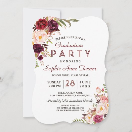 Invitation Burgundy Marsala Blush Floral Graduation Party (Devant)