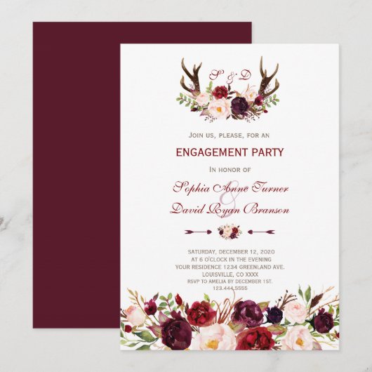 Invitation Burgundy Marsala Floral Antlers (Devant / Derrière)