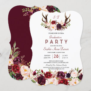 Invitation Burgundy Marsala Floral Antlers Graduation Party