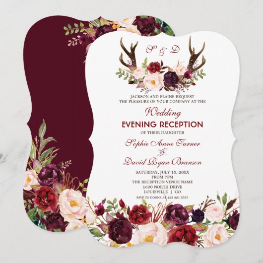 Invitation Burgundy Marsala Floral Antlers Soirée Mariage (Devant / Derrière)