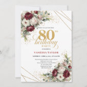 Invitation Burgundy Marsala Flowers Greenery 80th Birthday (Devant)