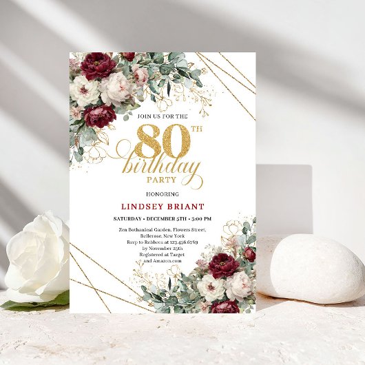Invitation Burgundy Marsala Flowers Greenery 80th Birthday