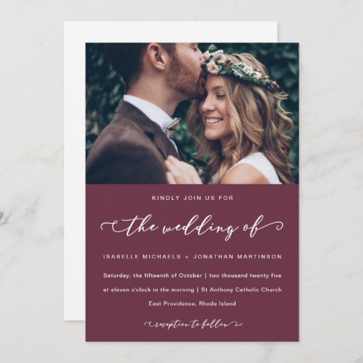 Invitation Burgundy Marsala Mariage Calligraphie et photo (Devant / Derrière)