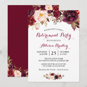 Invitation Burgundy Marsala Red Floral Retraite Party