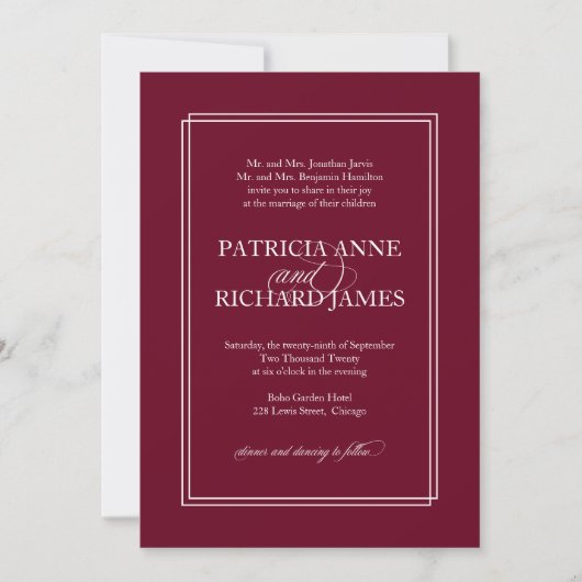 Invitation Burgundy Marsala Simple Élégant Mariage formel (Devant)
