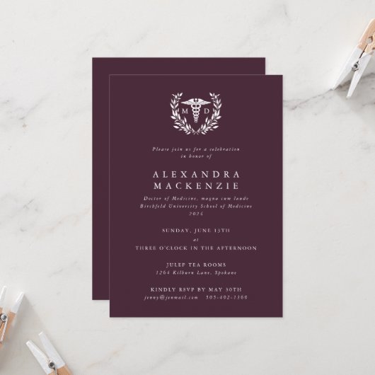 Invitation Burgundy MD Caduceus+Laurel Wreath Graduation (Devant/Arrière en situation)