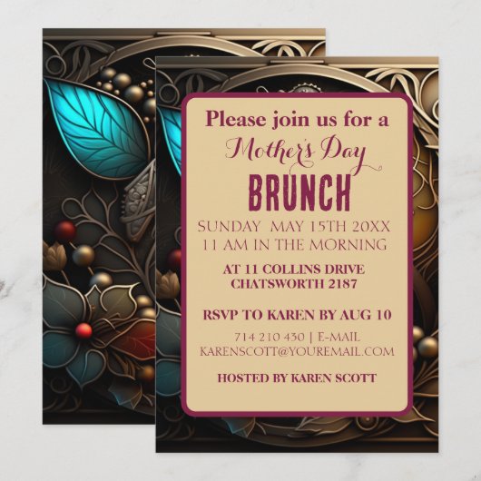 Invitation Burgundy Metal Art avec perles Fête des Mères (Devant / Derrière)