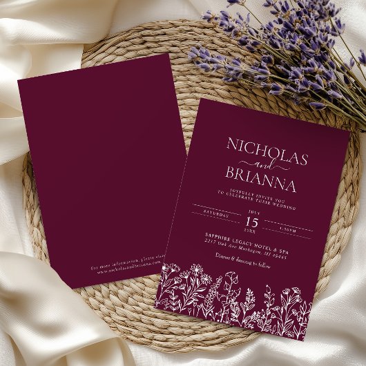 Invitation Burgundy Minimalist Wildflower Wedding Monogram