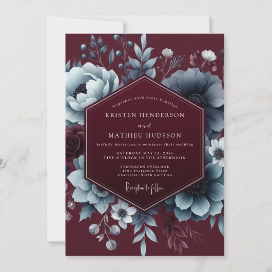Invitation Burgundy Moody Bloom Elegance Wedding (Devant)