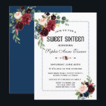 Invitation Burgundy Navy Bleu Floral Cadre pointillé Sweet 16<br><div class="desc">Elégant design de carte avec de splendides bouquets de fleurs rousses bordeaux, séparateur floral, beau cadre bleu pointillé sur arrière - plan blanc; sur le dos les mêmes fleurs sur un arrière - plan bleu marine. Utilisez l'outil Personnaliser pour ajouter vos informations, apporter des modifications. Pour les articles correspondants, s'il...</div>