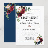 Burgundy Navy Bleu Floral Cadre pointillé Sweet 16
