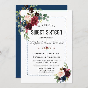 Invitation Burgundy Navy Bleu Floral Cadre pointillé Sweet 16