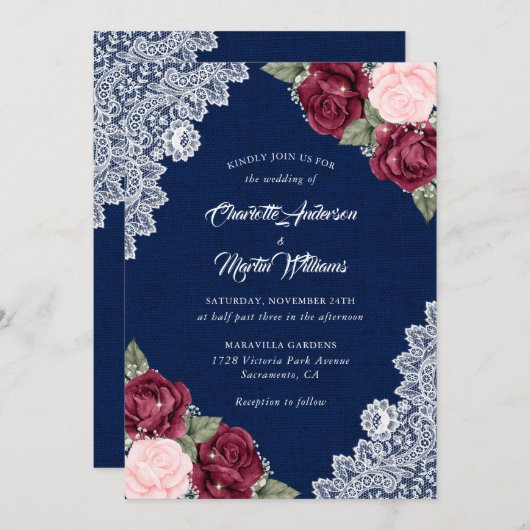 Invitation Burgundy Navy Blue Blush Burlap Floral Mariage (Devant / Derrière)