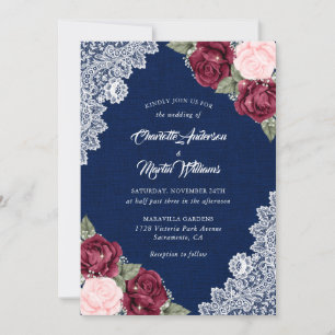 Invitation Burgundy Navy Blue Blush Burlap Floral Mariage