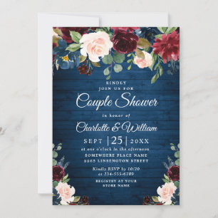 Invitation Burgundy Navy Blue Blush Fleurs COUPLE DOUCHE