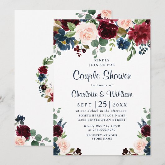 Invitation Burgundy Navy Blue Blush Fleurs COUPLE DOUCHE (Devant / Derrière)