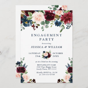 Invitation Burgundy Navy Blue Blush Flowers ENGAGEMENT PARTY