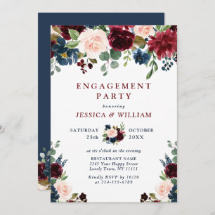 Invitation Burgundy Navy Blue Blush Flowers ENGAGEMENT PARTY
